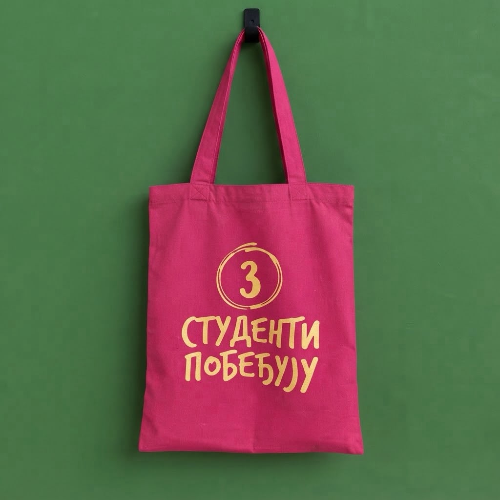 Roze platneni ceger sa natpisom 3 Studenti pobeđuju